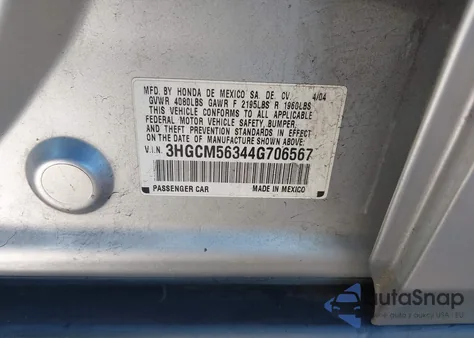 2004 Honda Accord 2.4 Lx from USA, damaged, VIN 3HGCM56344G706567